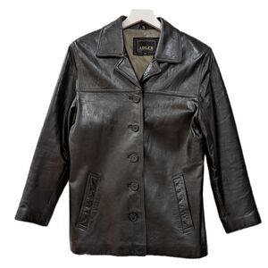 Adler Collection Black Genuine Leather Lambskin Lining Buttoned Jacket Size PS